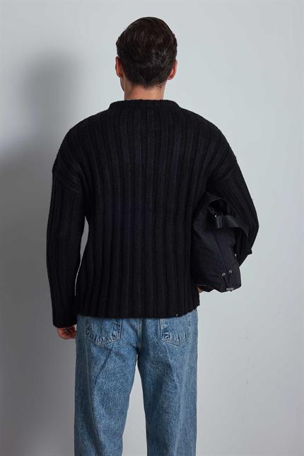 Erkek Oversize Kalın Fitilli Triko Kazak Siyah