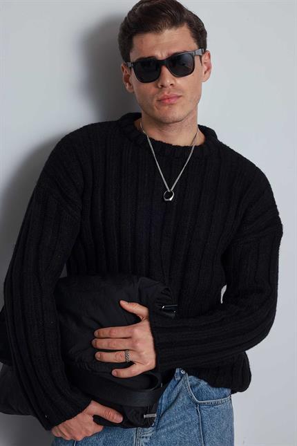 Erkek Oversize Kalın Fitilli Triko Kazak Siyah