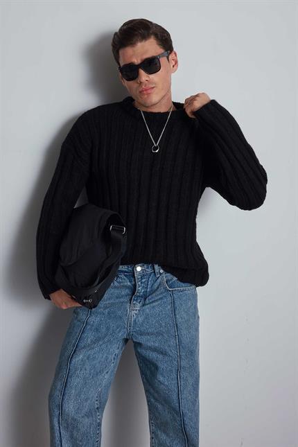 Erkek Oversize Kalın Fitilli Triko Kazak Siyah