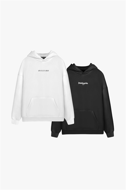 Unisex Oversize 3 İplik Baskılı Kapüşonlu Sweatshirt 2’li Set Beyaz - Siyah