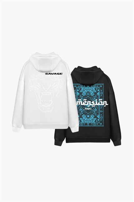 Unisex Oversize 3 İplik Baskılı Kapüşonlu Sweatshirt 2’li Set Beyaz - Siyah