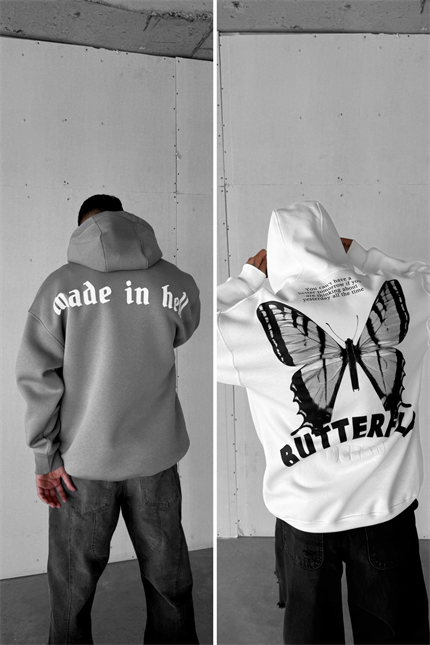 Unisex Oversize 3 İplik Kapüşonlu Baskılı 2’li Sweatshirt Gri-Beyaz