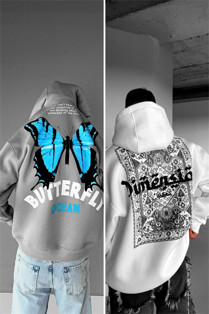 Unisex Oversize Kalın Kapüşonlu Baskılı 2’li Sweatshirt Gri-Beyaz