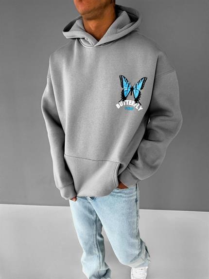 Unisex Oversize Kalın Kapüşonlu Baskılı 2’li Sweatshirt Gri-Beyaz