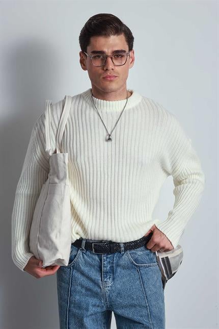 Erkek Oversize Kazak Ekru