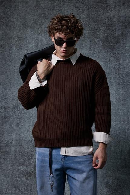 Erkek Oversize Kazak Koyu Kahve