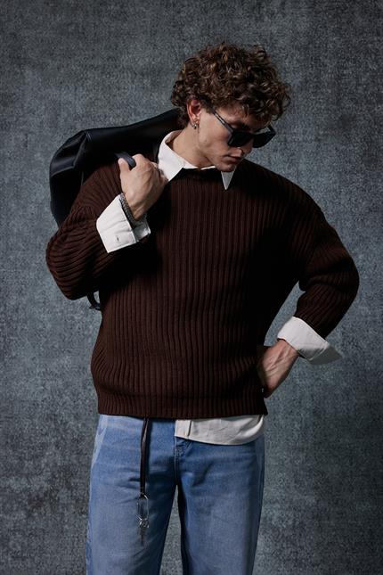 Erkek Oversize Kazak Koyu Kahve