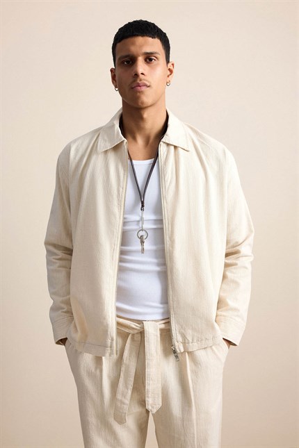 Erkek Oversize Keten Dokulu Astarlı Fermuarlı Gömlek Bej