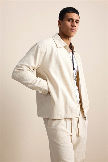 Erkek Oversize Keten Dokulu Astarlı Fermuarlı Gömlek Bej