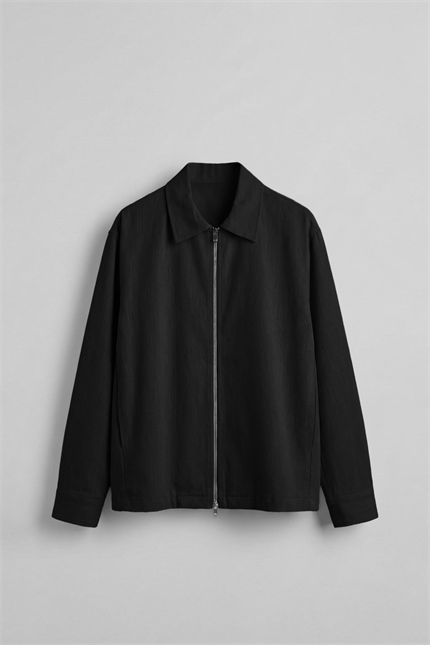 Erkek Oversize Keten Dokulu Astarlı Fermuarlı Gömlek Siyah