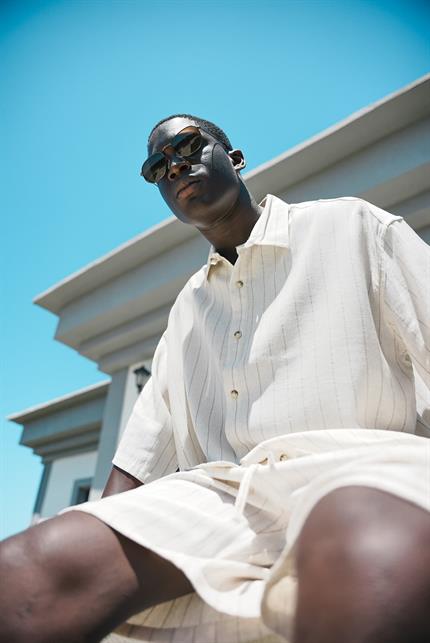 Erkek Oversize Keten Görünümlü Kısa Kollu Çizgili Gömlek Bej