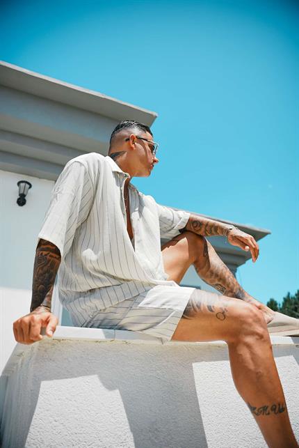 Erkek Oversize Keten Görünümlü Kısa Kollu Çizgili Gömlek Mavi