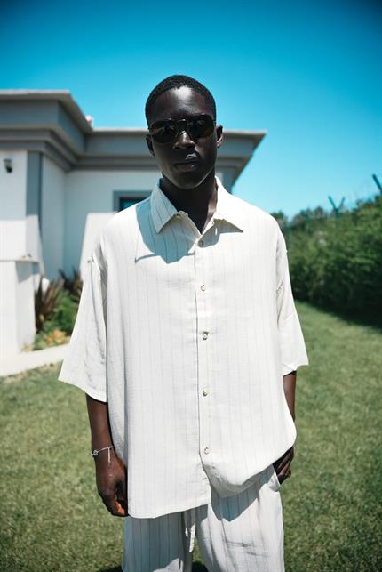 Erkek Oversize Keten Görünümlü Kısa Kollu Çizgili Gömlek Bej