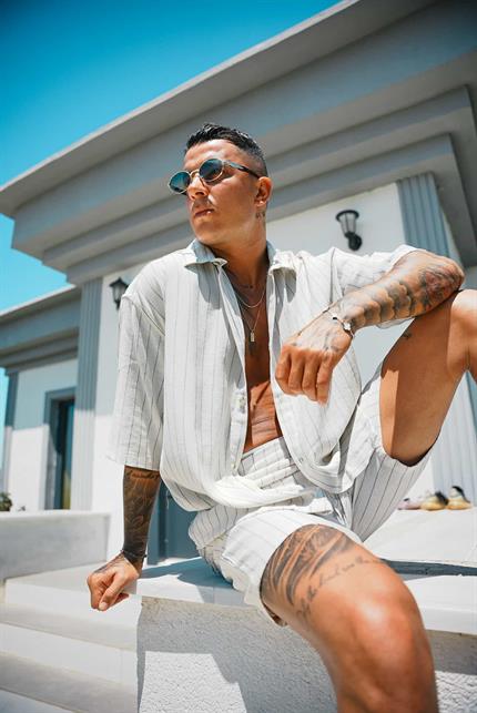 Erkek Oversize Keten Görünümlü Kısa Kollu Çizgili Gömlek Mavi