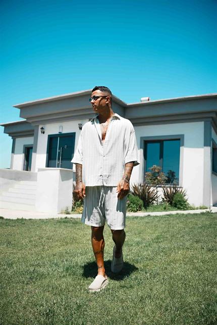 Erkek Oversize Keten Görünümlü Kısa Kollu Çizgili Gömlek Mavi