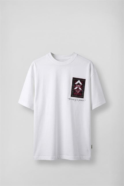 Erkek Oversize Kilim Desenli 3D Sırt Baskılı T-Shirt Beyaz