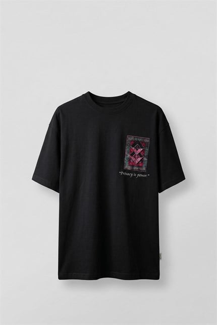 Erkek Oversize Kilim Desenli 3D Sırt Baskılı T-Shirt Siyah
