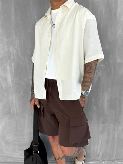Erkek Oversize Kısa Kollu Müslin Gömlek Bej