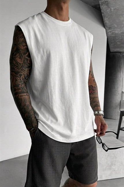 Erkek Oversize Kolsuz Basic Sporcu Atlet Beyaz