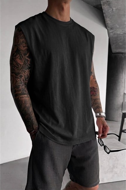 Erkek Oversize Kolsuz Basic Sporcu Atlet Siyah