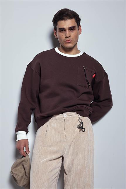 Erkek Oversize Kontrast Detaylı Sweatshirt Kahverengi