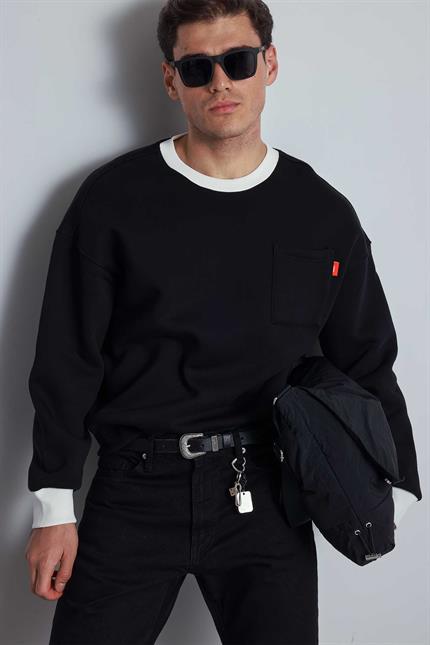 Erkek Oversize Kontrast Detaylı Sweatshirt Siyah