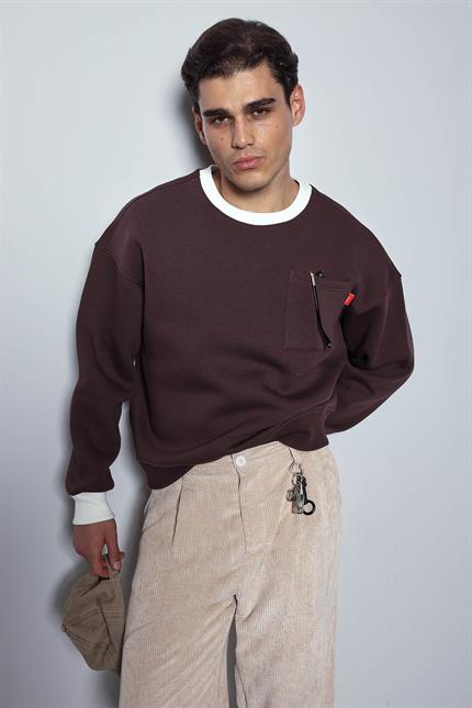 Erkek Oversize Kontrast Detaylı Sweatshirt Kahverengi