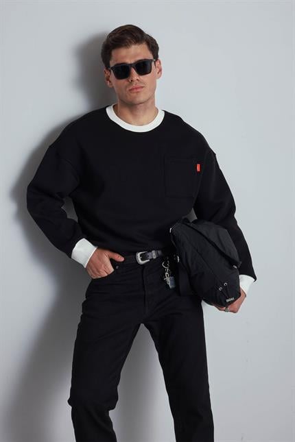 Erkek Oversize Kontrast Detaylı Sweatshirt Siyah