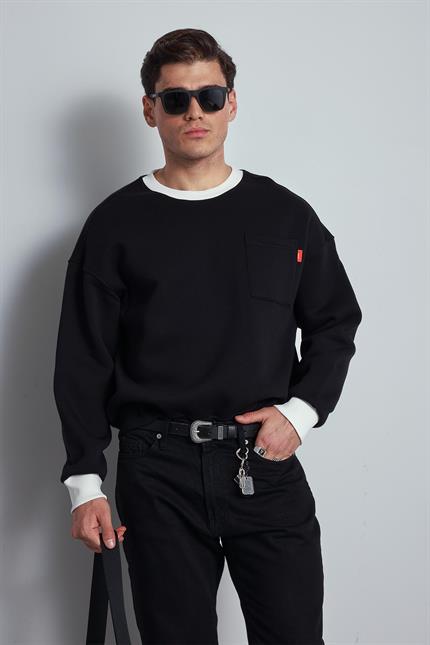 Erkek Oversize Kontrast Detaylı Sweatshirt Siyah