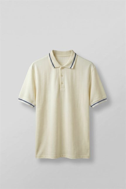 Erkek Oversize Kontrast Detaylı Triko Polo Yaka T-Shirt Bej