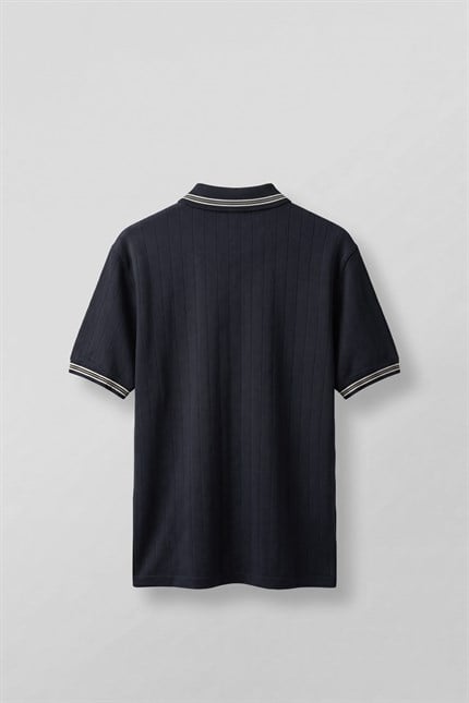 Erkek Oversize Kontrast Detaylı Triko Polo Yaka T-Shirt Lacivert