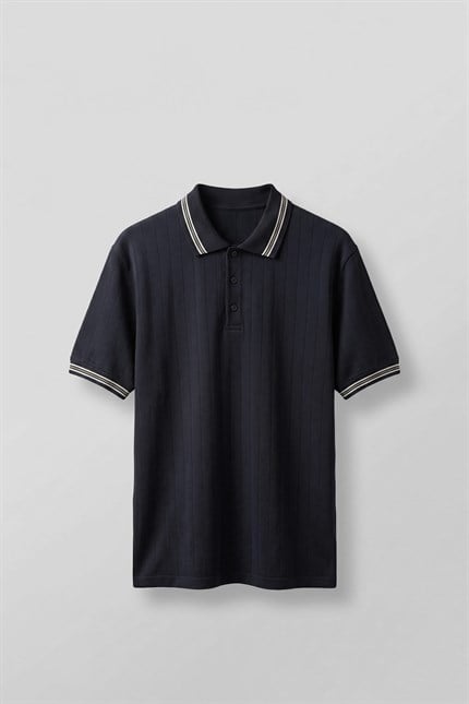 Erkek Oversize Kontrast Detaylı Triko Polo Yaka T-Shirt Lacivert