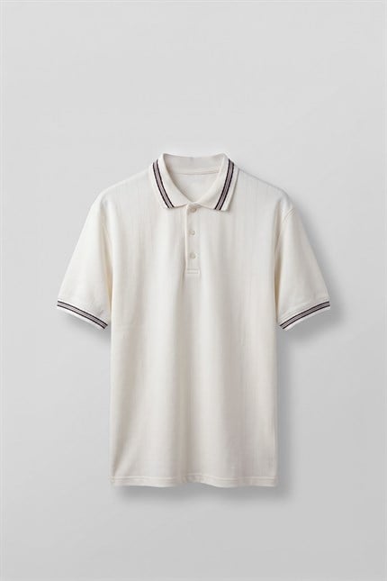 Erkek Oversize Kontrast Detaylı Triko Polo Yaka T-Shirt Ekru