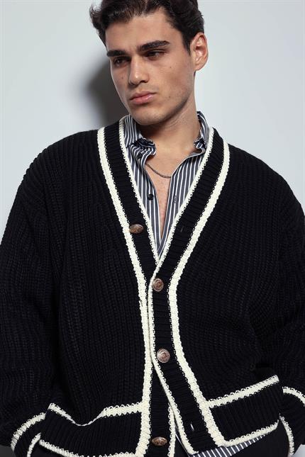 Erkek Oversize Kontrast Şeritli Düğmeli Örme Hırka Siyah