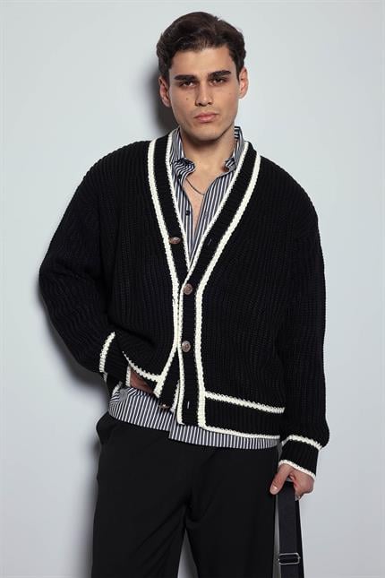 Erkek Oversize Kontrast Şeritli Düğmeli Örme Hırka Siyah