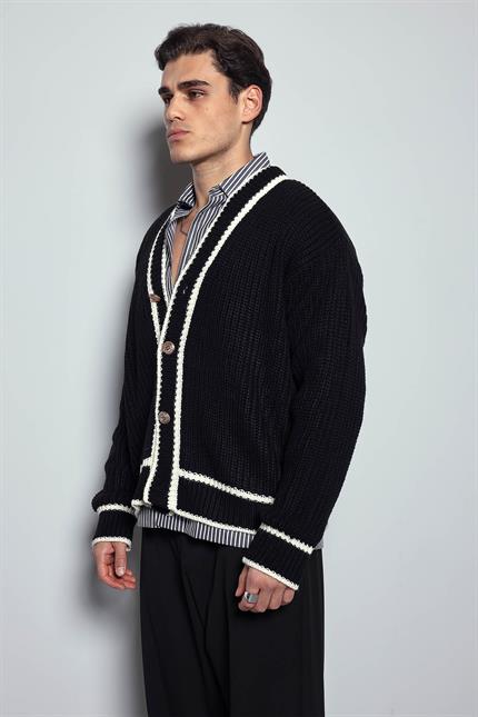 Erkek Oversize Kontrast Şeritli Düğmeli Örme Hırka Siyah