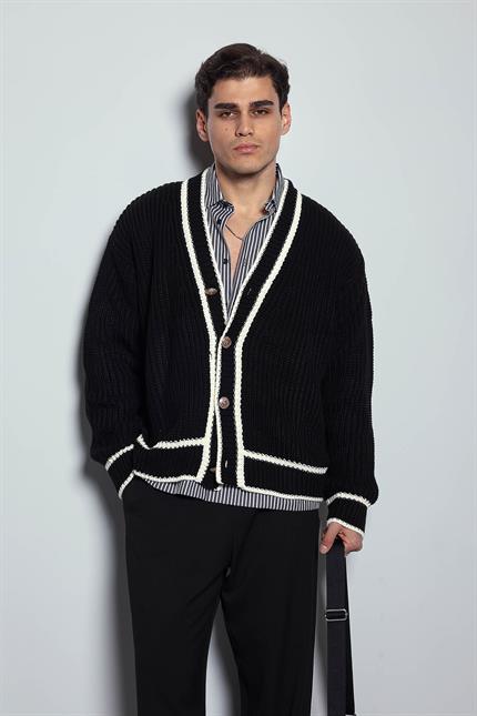 Erkek Oversize Kontrast Şeritli Düğmeli Örme Hırka Siyah