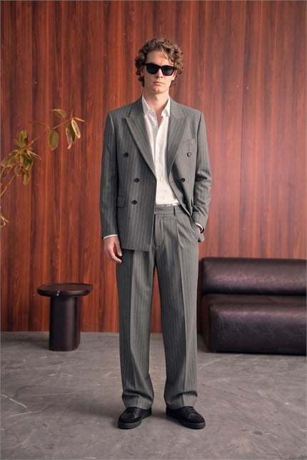 Erkek Oversize Kruvaze Çizgili Modern Takım Elbise Gri