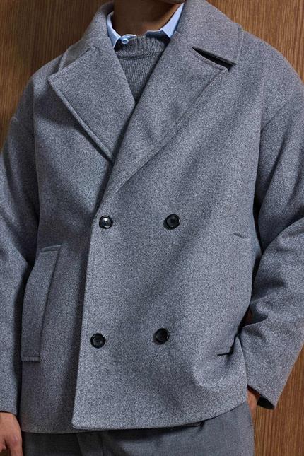 Erkek Oversize Kruvaze Kaban Koyu Gri