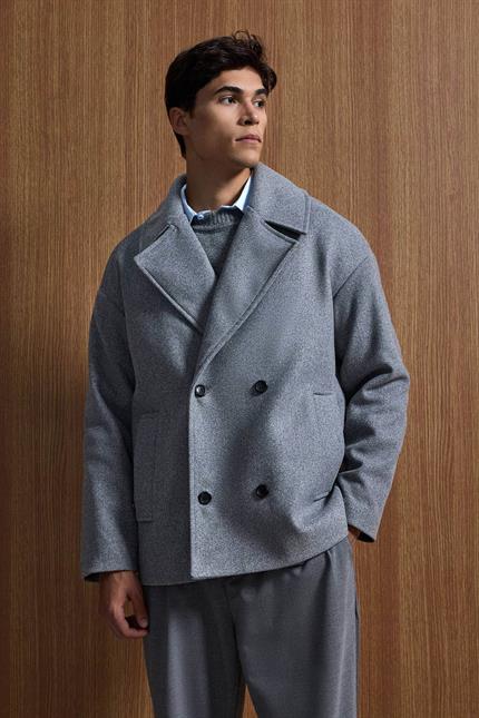 Erkek Oversize Kruvaze Kaban Koyu Gri