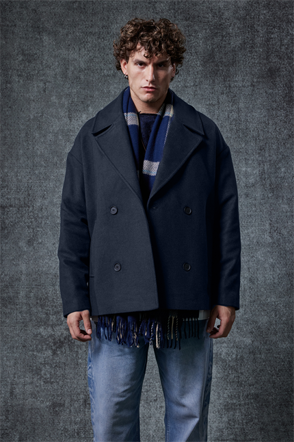 Erkek Oversize Kruvaze Kaban Lacivert