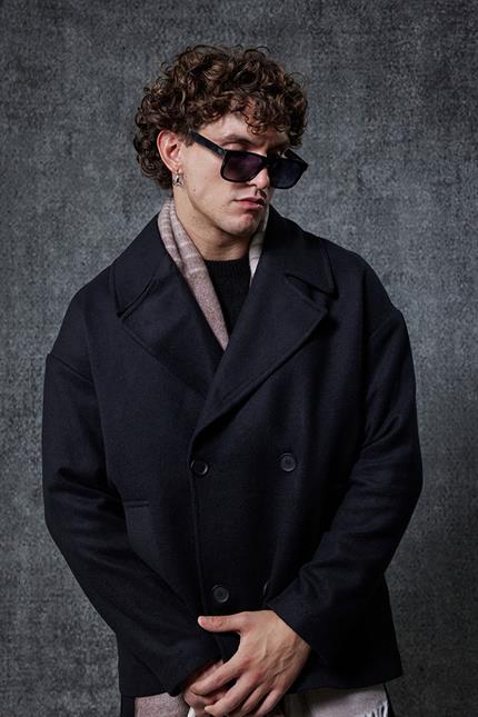 Erkek Oversize Kruvaze Kaban Siyah