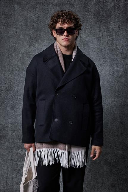 Erkek Oversize Kruvaze Kaban Siyah