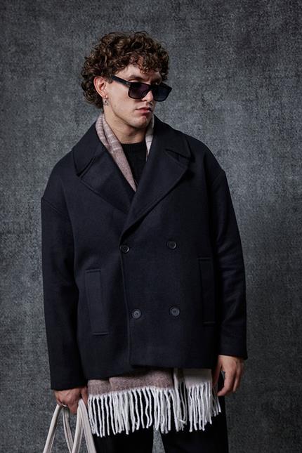 Erkek Oversize Kruvaze Kaban Siyah