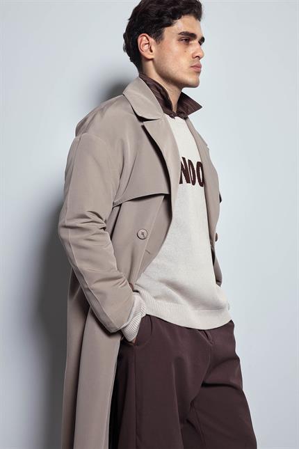 Erkek Oversize Kruvaze Kuşaklı Trençkot Bej