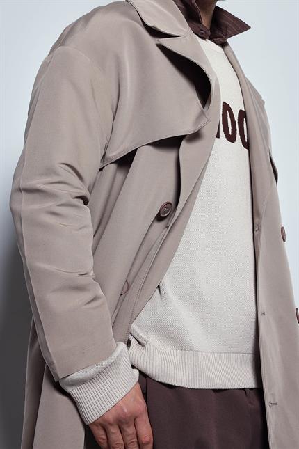 Erkek Oversize Kruvaze Kuşaklı Trençkot Bej
