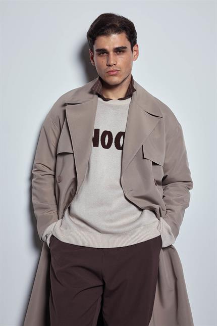 Erkek Oversize Kruvaze Kuşaklı Trençkot Bej