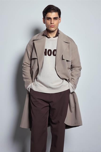 Erkek Oversize Kruvaze Kuşaklı Trençkot Bej