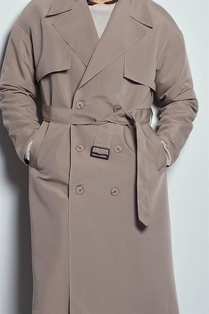 Erkek Oversize Kruvaze Kuşaklı Trençkot Bej