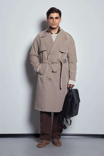 Erkek Oversize Kruvaze Kuşaklı Trençkot Bej